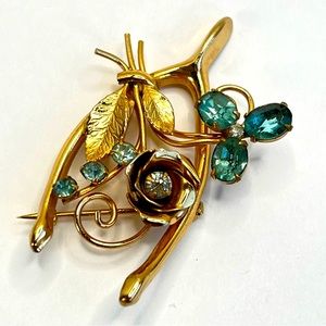 Vintage Coro Brooch Pin Good Luck Wishbone Rhinestones